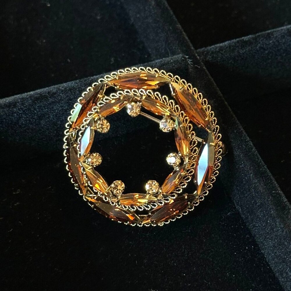 Vintage Made In Austria Gold-Tone Rhinestone & Amber Glass Circular Brooch Pin